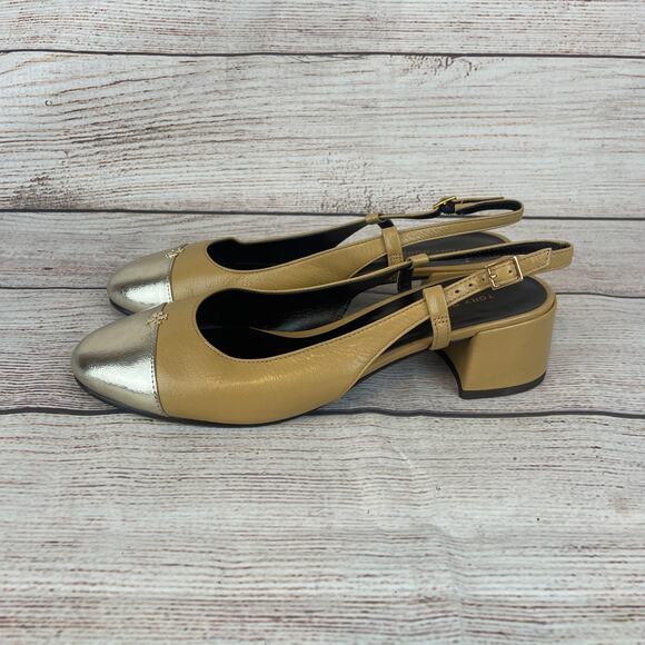 Tory Burch Cap-Toe Womens Sz 7M Slingback Heels Ginger Shortbread Spark Gold - Picture 6 of 9